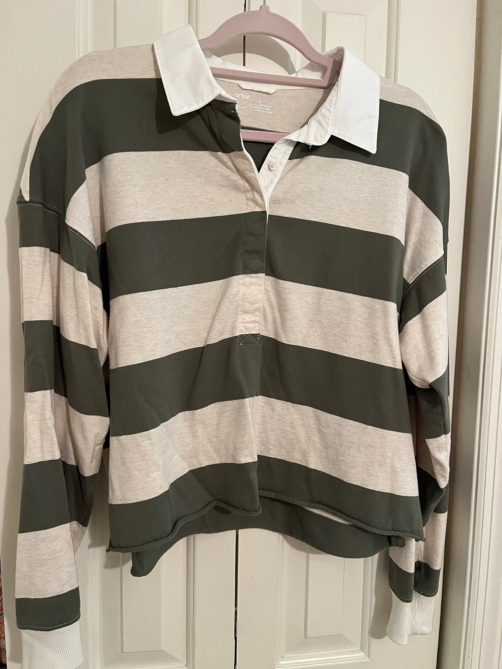 Aerie cotton Striped Rugby Polo Top in Olive & Cream medium
